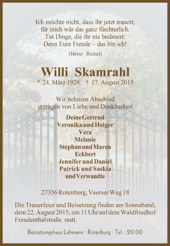 Traueranzeige von Willi Skamrahl von KRZ