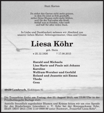 Traueranzeige von Liesa Köhr von KRZ