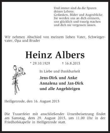 Traueranzeige von Heinz Albers von KRZ