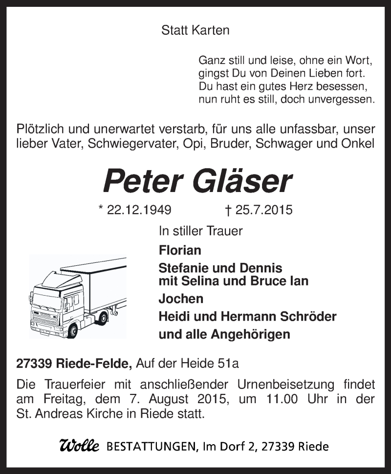  Traueranzeige für Peter Gläser vom 01.08.2015 aus KRZ