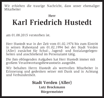 Traueranzeige von Karl-Friedrich Hustedt von KRZ