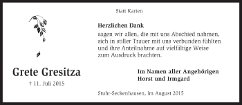 Traueranzeige von Grete Gresitza von KRZ