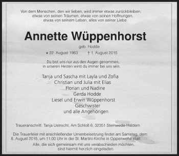 Traueranzeige von Annette Wüppenhorst von KRZ