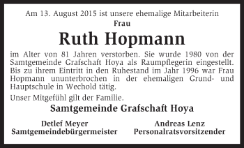 Traueranzeige von Ruth Hopmann von KRZ