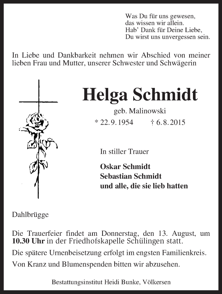  Traueranzeige für Helga Schmidt vom 10.08.2015 aus KRZ