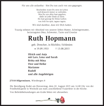 Traueranzeige von Ruth Hopmann von KRZ