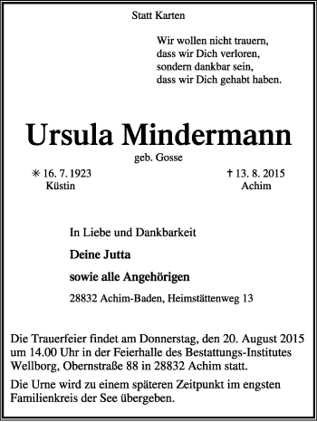 Traueranzeige von Ursula Mindermann von Kreiszeitung