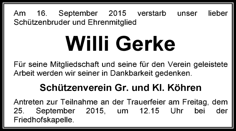  Traueranzeige für Willi Gerke vom 18.09.2015 aus KRZ