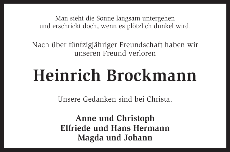  Traueranzeige für Heinrich Brockmann vom 03.09.2015 aus KRZ