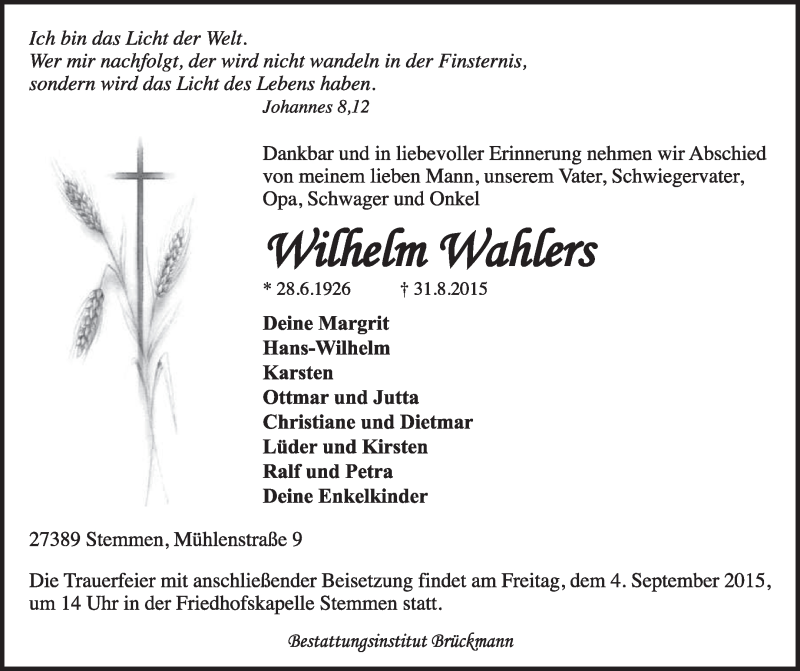  Traueranzeige für Wilhelm Wahlers vom 02.09.2015 aus KRZ