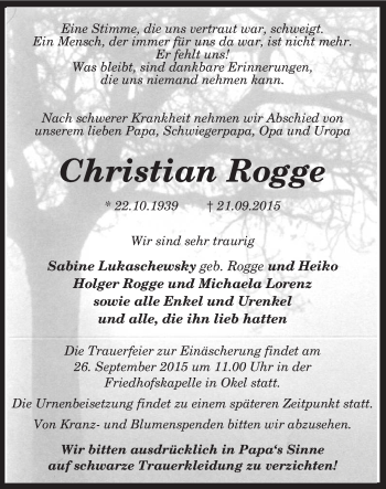 Traueranzeige von Christian Rogge von KRZ