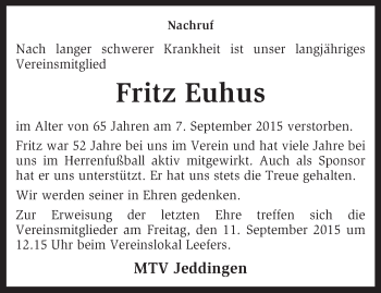 Traueranzeige von Fritz Euhus von KRZ