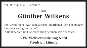 Traueranzeige von Günther Wilkens von KRZ