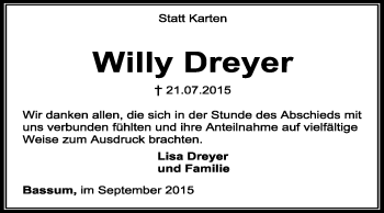 Traueranzeige von Willy Dreyer von KRZ