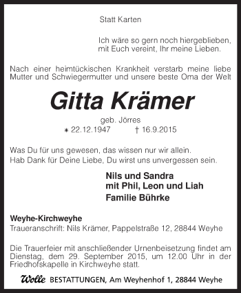 Traueranzeige von Gitta Krämer von KRZ