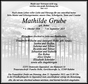 Traueranzeige von Mathilde Grube von KRZ