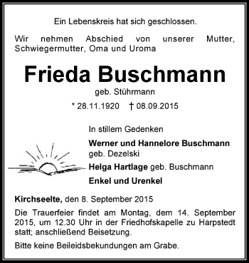 Traueranzeige von Frieda Buschmann von KRZ