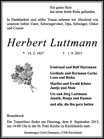 Traueranzeige von Herbert Luttmann von KRZ