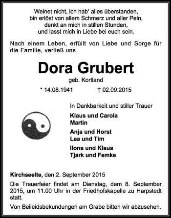 Traueranzeige von Dora Grubert von KRZ