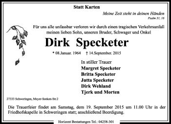 Traueranzeige von Dirk Specketer von KRZ