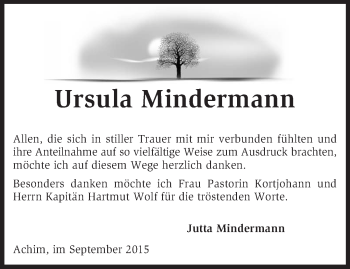 Traueranzeige von Ursula Mindermann von KRZ