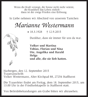 Traueranzeige von Marianne Westermann von KRZ