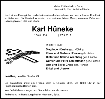 Traueranzeige von Karl Hüneke von KRZ