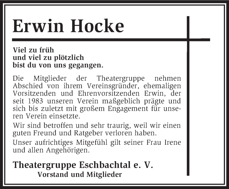  Traueranzeige für Erwin Hocke vom 22.09.2015 aus KRZ