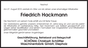 Traueranzeige von Friedrich Hackmann von KRZ