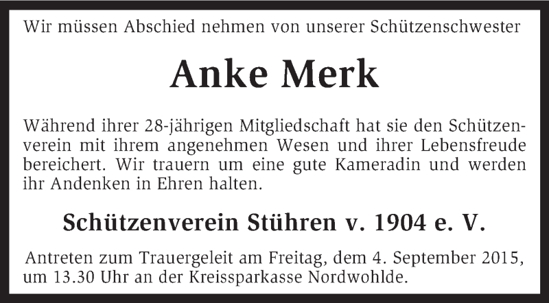  Traueranzeige für Anke Merk vom 03.09.2015 aus KRZ
