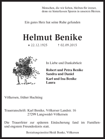 Traueranzeige von Helmut Benike von KRZ