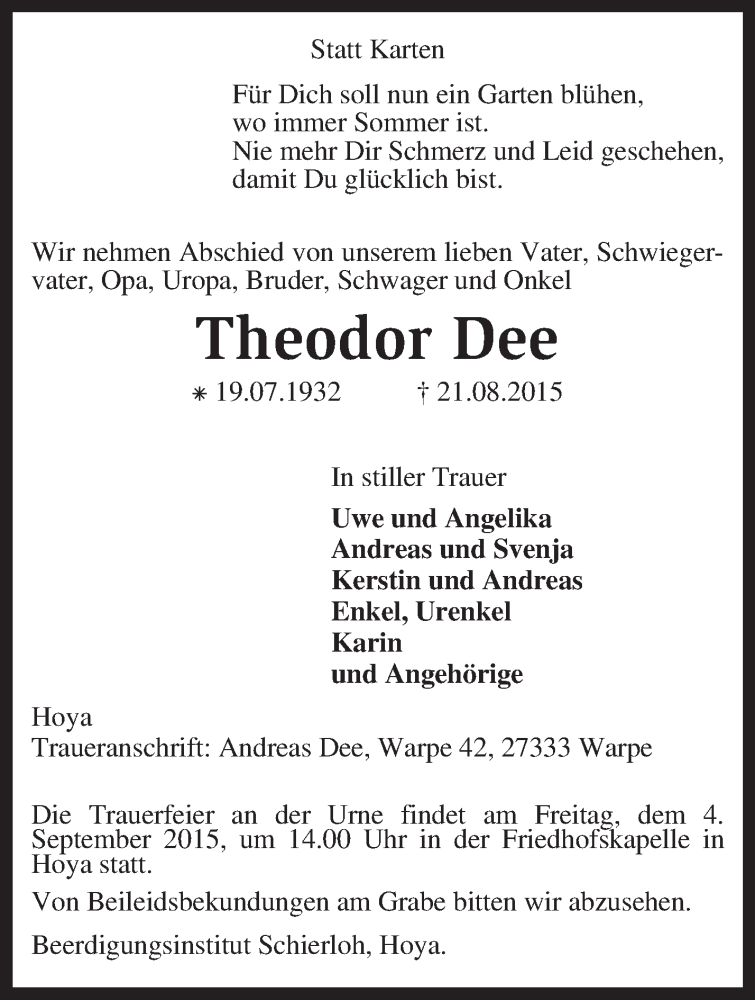  Traueranzeige für Theodor Dee vom 29.08.2015 aus Kreiszeitung