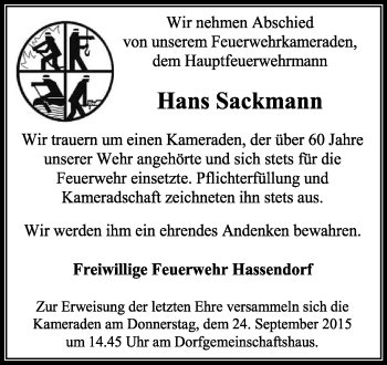 Traueranzeige von Hans Sackmann von KRZ