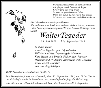 Traueranzeige von Walter Tegeder von KRZ