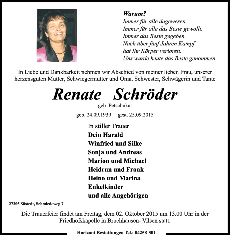  Traueranzeige für Renate Schröder vom 28.09.2015 aus KRZ