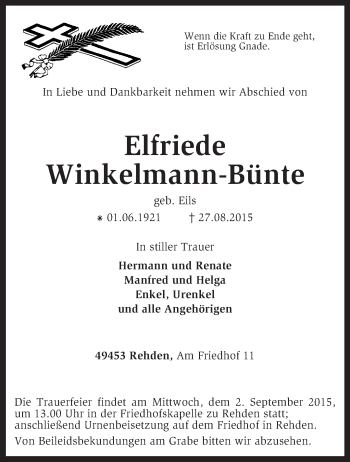 Traueranzeige von Elfriede Winkelmann-Bünte von KRZ