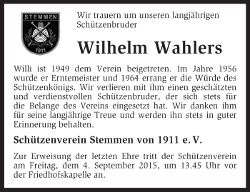 Traueranzeige von Wilhelm Wahlers von KRZ