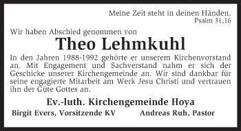 Traueranzeige von Theo Lehmkuhl von KRZ