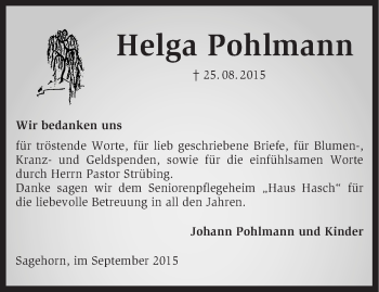 Traueranzeige von Helga Pohlmann von KRZ