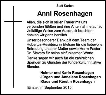 Traueranzeige von Anni Rosenhagen von KRZ