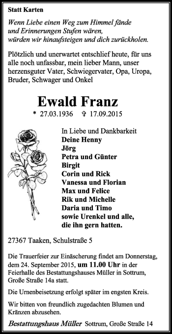 Traueranzeige von Ewald Franz von KRZ