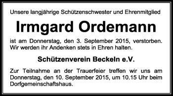 Traueranzeige von Irmgard Ordemann von KRZ