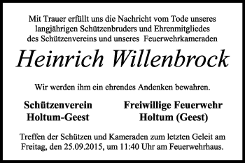 Traueranzeige von Heinrich Willenbrock von KRZ