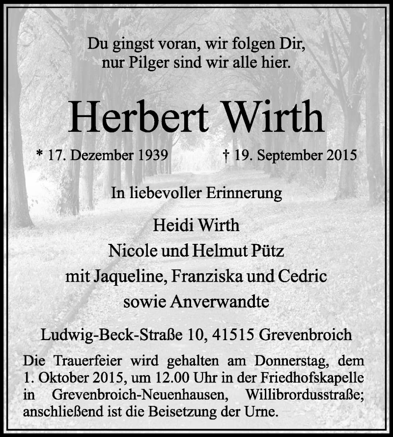 Traueranzeige für Herbert Wirth vom 26.09.2015 aus KRZ