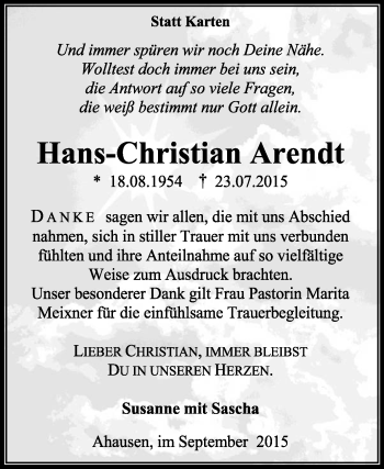 Traueranzeige von Hans-Christian Arendt von KRZ