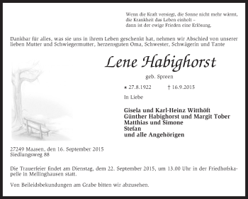 Traueranzeige von Lene Habighorst von KRZ