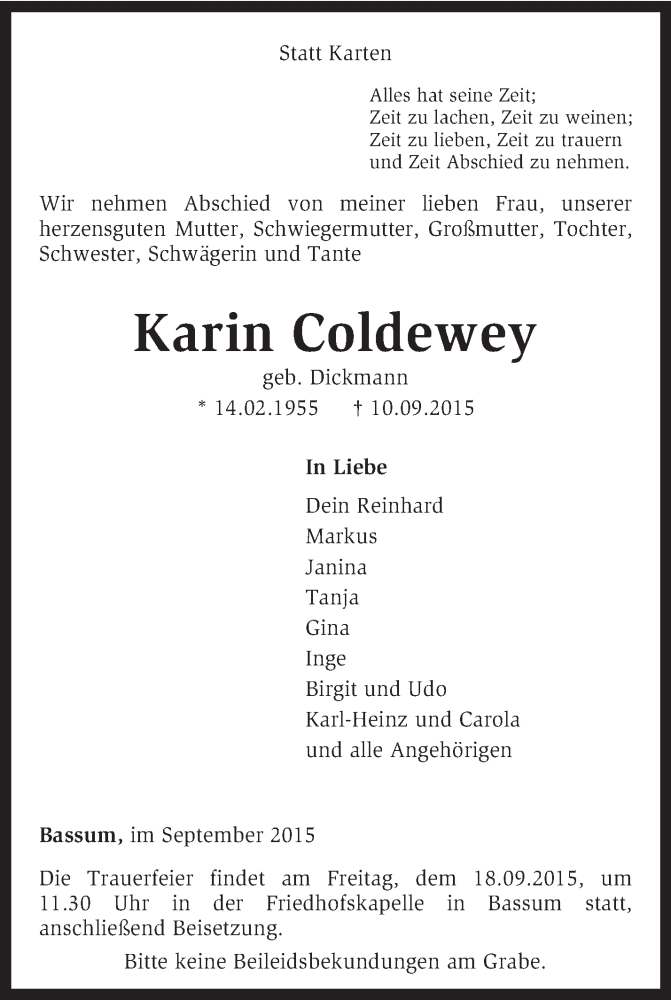  Traueranzeige für Karin Coldewey vom 14.09.2015 aus KRZ