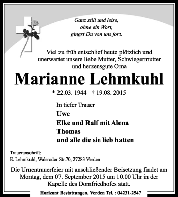 Traueranzeige von Marianne Lehmkuhl von KRZ