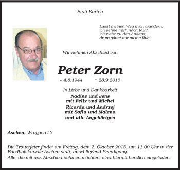 Traueranzeige von Peter Zorn von KRZ