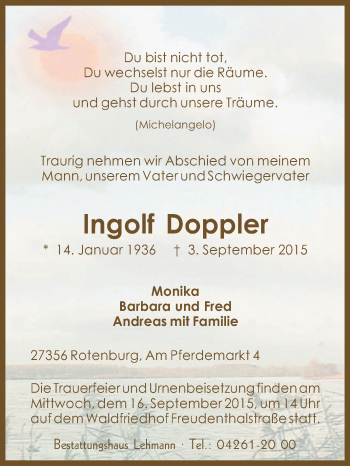 Traueranzeige von Ingolf Doppler von KRZ